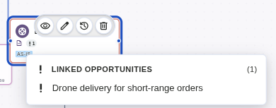 A Blueprint job card's opportunity badge hovered, listing the linked opportunity by name - click to view full-size