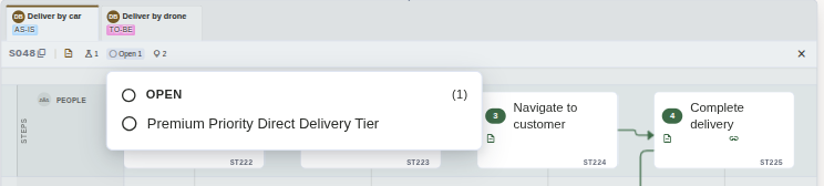 Hovering the Open requests badge on a solution header lists the one open request linked to it by name - click to view full-size