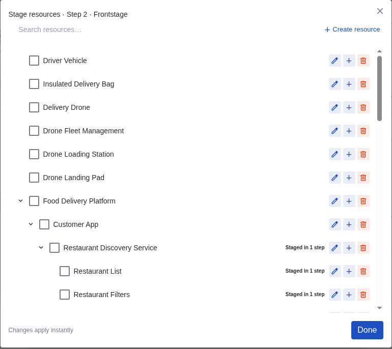 The Stage resources picker for step 2, Frontstage: a searchable resource tree with checkboxes, per-row edit, add and delete controls, and a Done button - click to view full-size