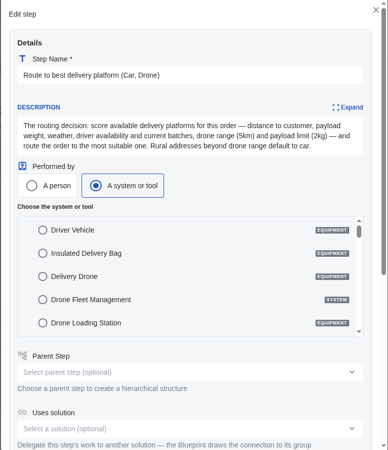 The Edit step form: name, description, the Performed by choice with A system or tool selected and the resource tree open, then Parent Step and Uses solution - click to view full-size