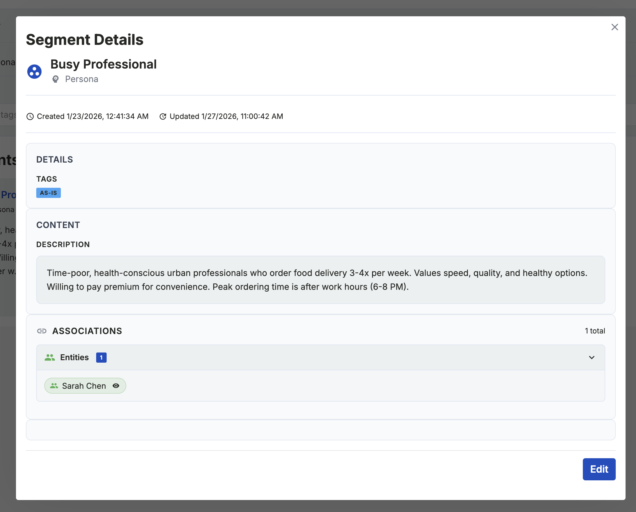 Entity detail modal with inline edit form, tag management, and relationship panel - click to view full-size
