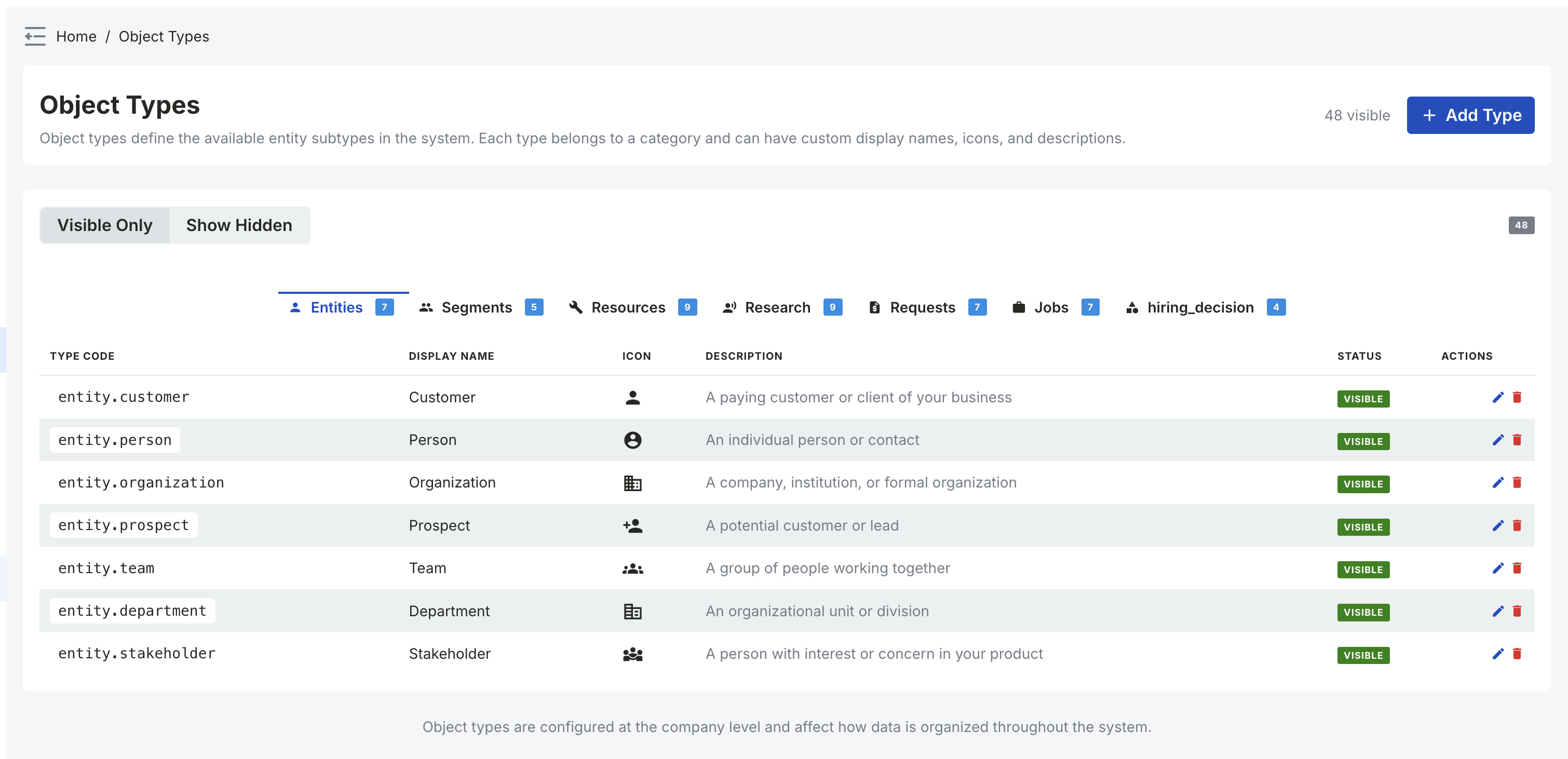 Object Types configuration interface with category tabs, color swatches, icon selectors, and visibility controls - click to zoom