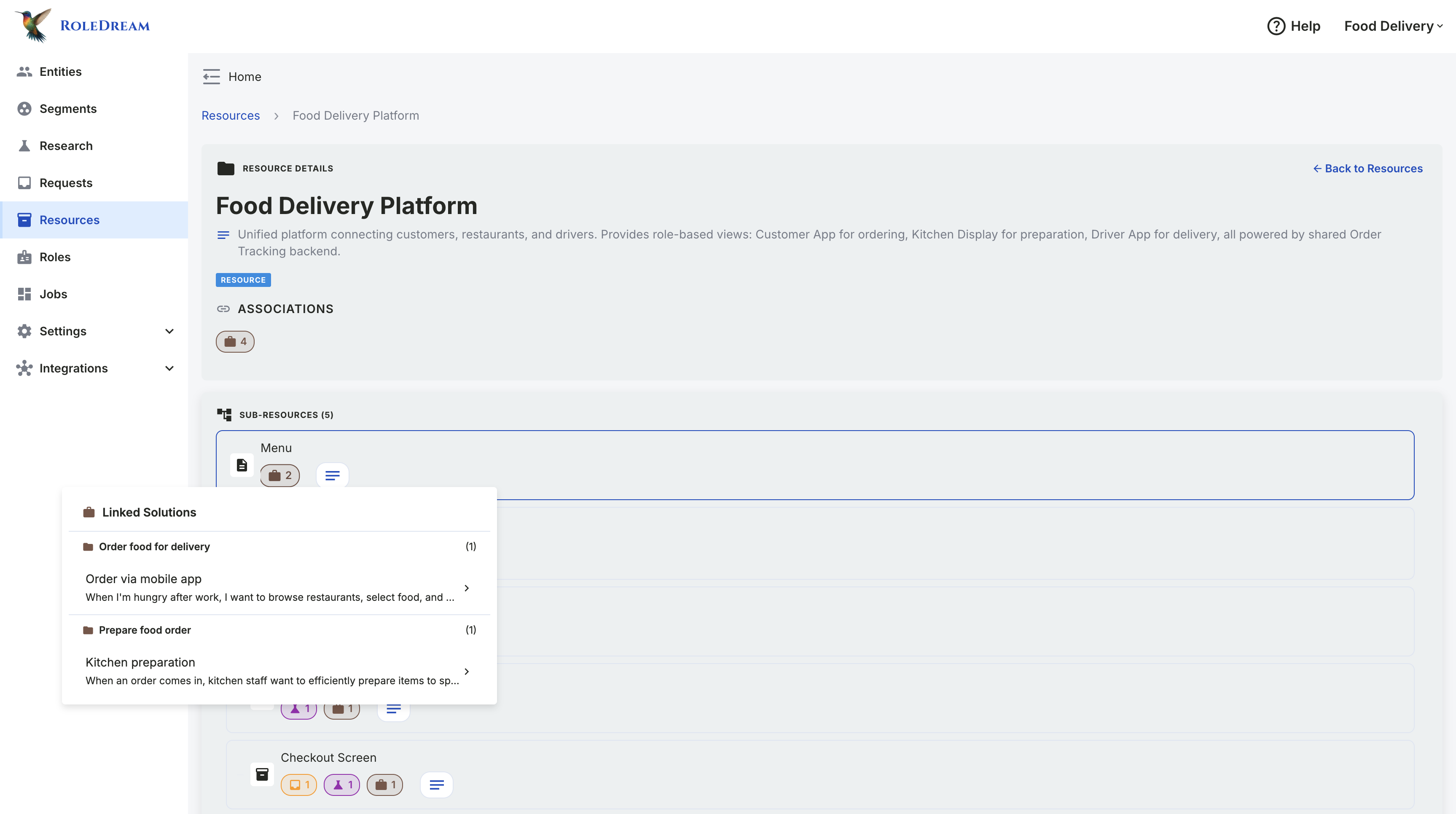 Food Delivery Platform resource showing bidirectional links to three dependent solutions - click to view full-size