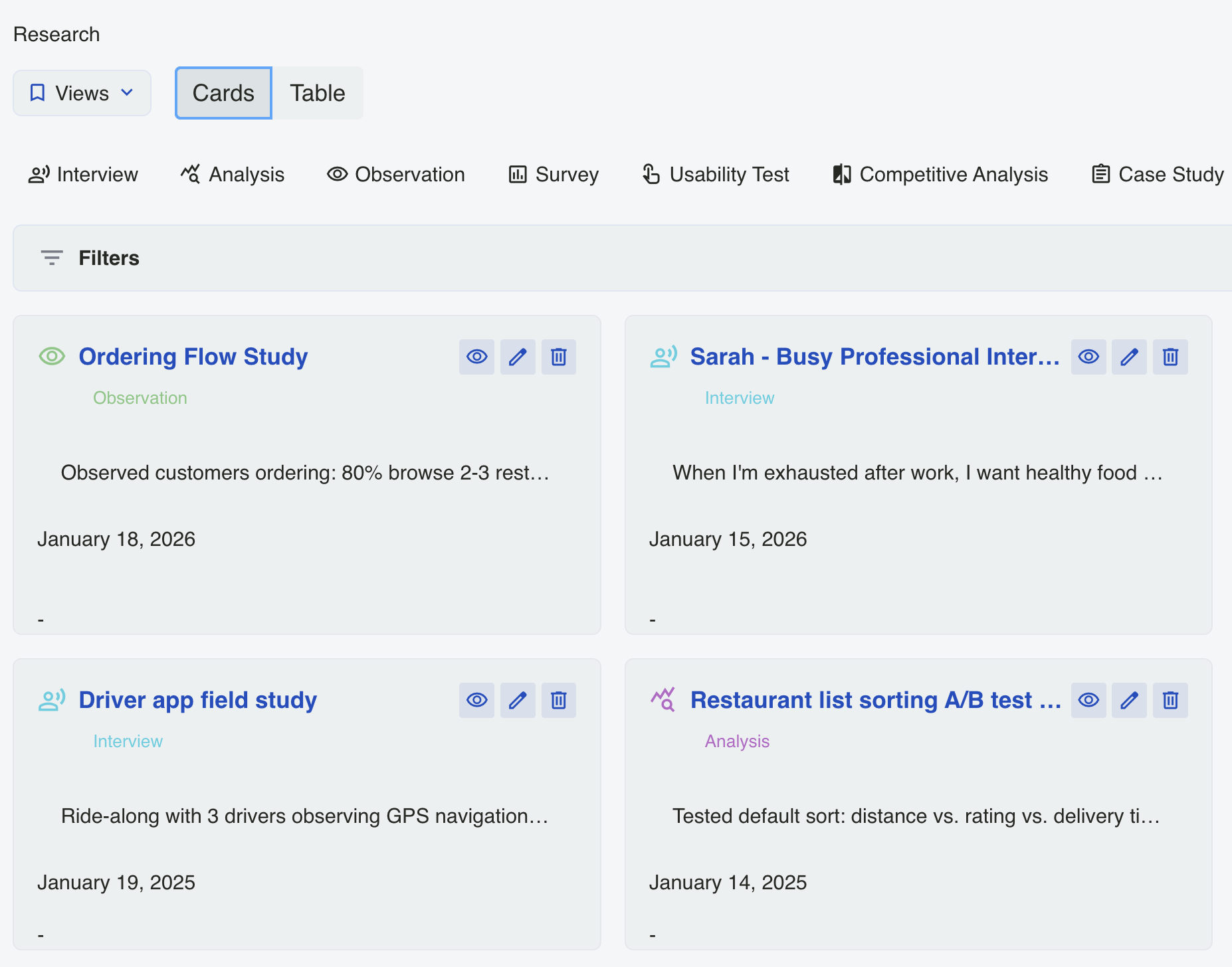 The research library — interviews, observations, surveys, and analyses as cards